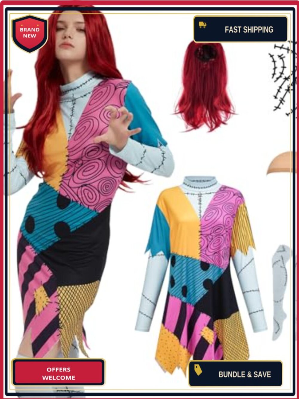 Patchwork Character Costume Set Women Halloween Dress Wig Fishnets